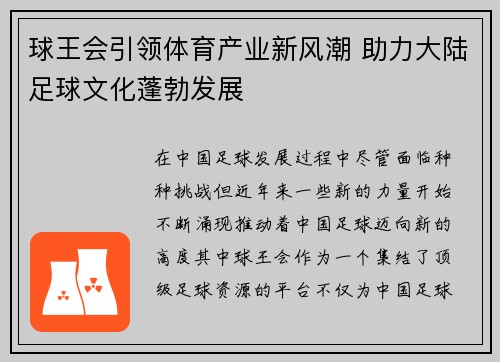 球王会引领体育产业新风潮 助力大陆足球文化蓬勃发展