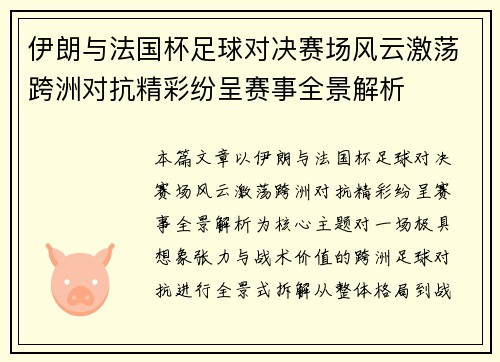 伊朗与法国杯足球对决赛场风云激荡跨洲对抗精彩纷呈赛事全景解析