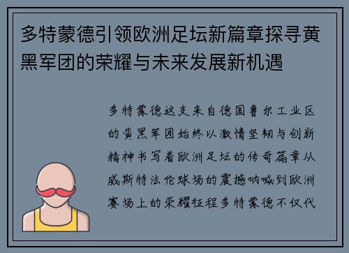 多特蒙德引领欧洲足坛新篇章探寻黄黑军团的荣耀与未来发展新机遇