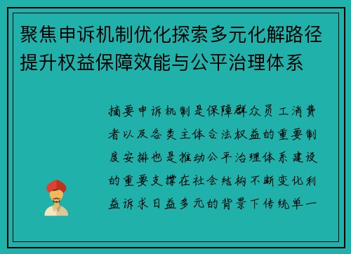 聚焦申诉机制优化探索多元化解路径提升权益保障效能与公平治理体系